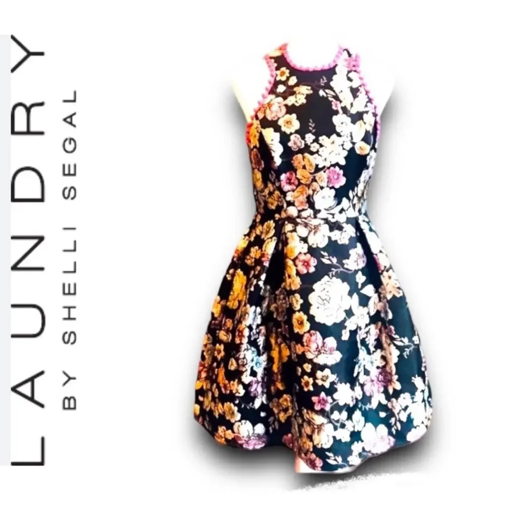 LAUNDRY black pink floral brocade Pom Pom trimmed Fit and Flare dress SZ 0 - Picture 4 of 11